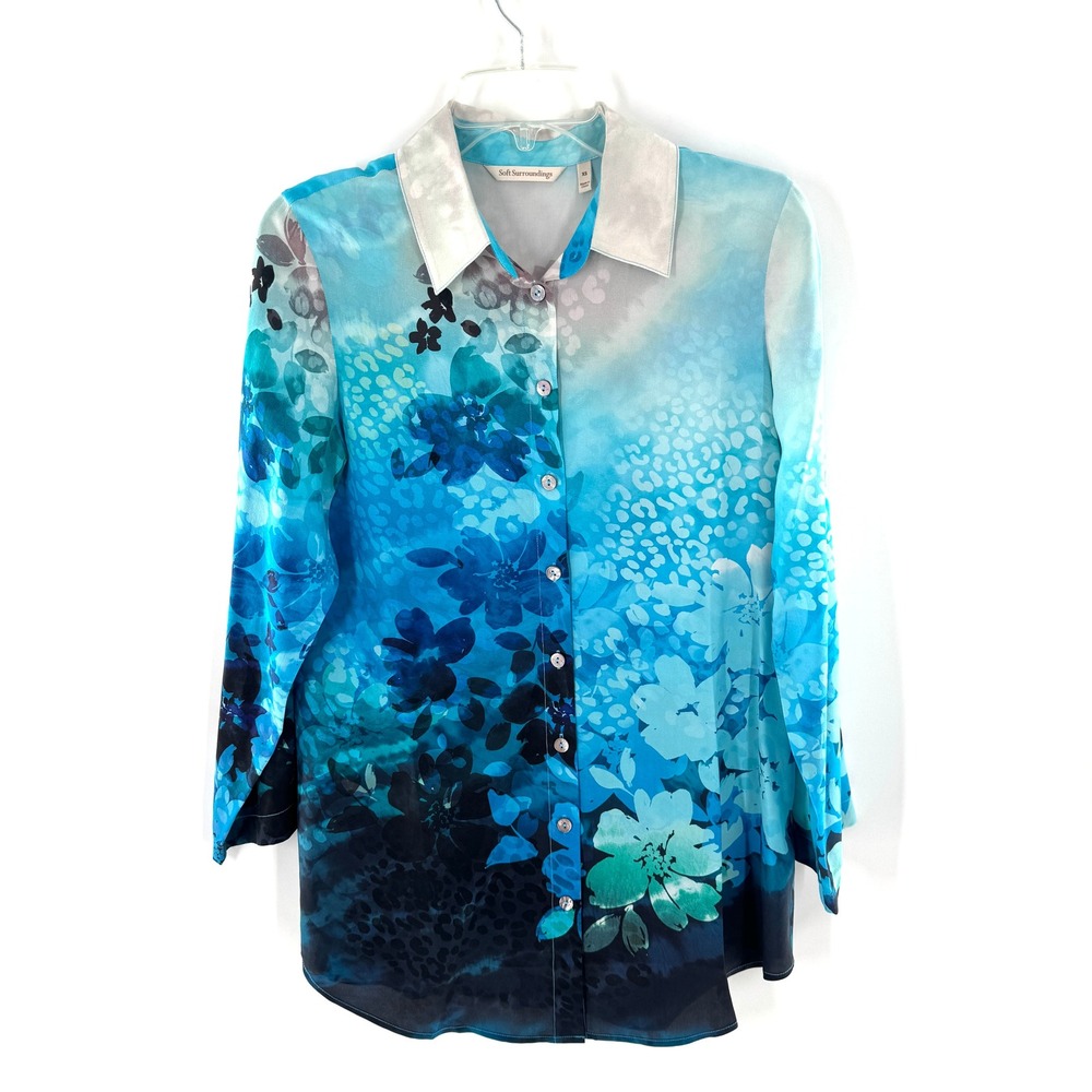 Soft Surroundings Jolene Silk Blue Floral Sheer Button Up Blouse Shirt Womens XS